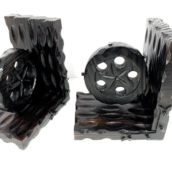 Mid Century Brutalist Style Bookends Industrial Pulley Wood & Iron Made in Spain - Picture 4 of 10